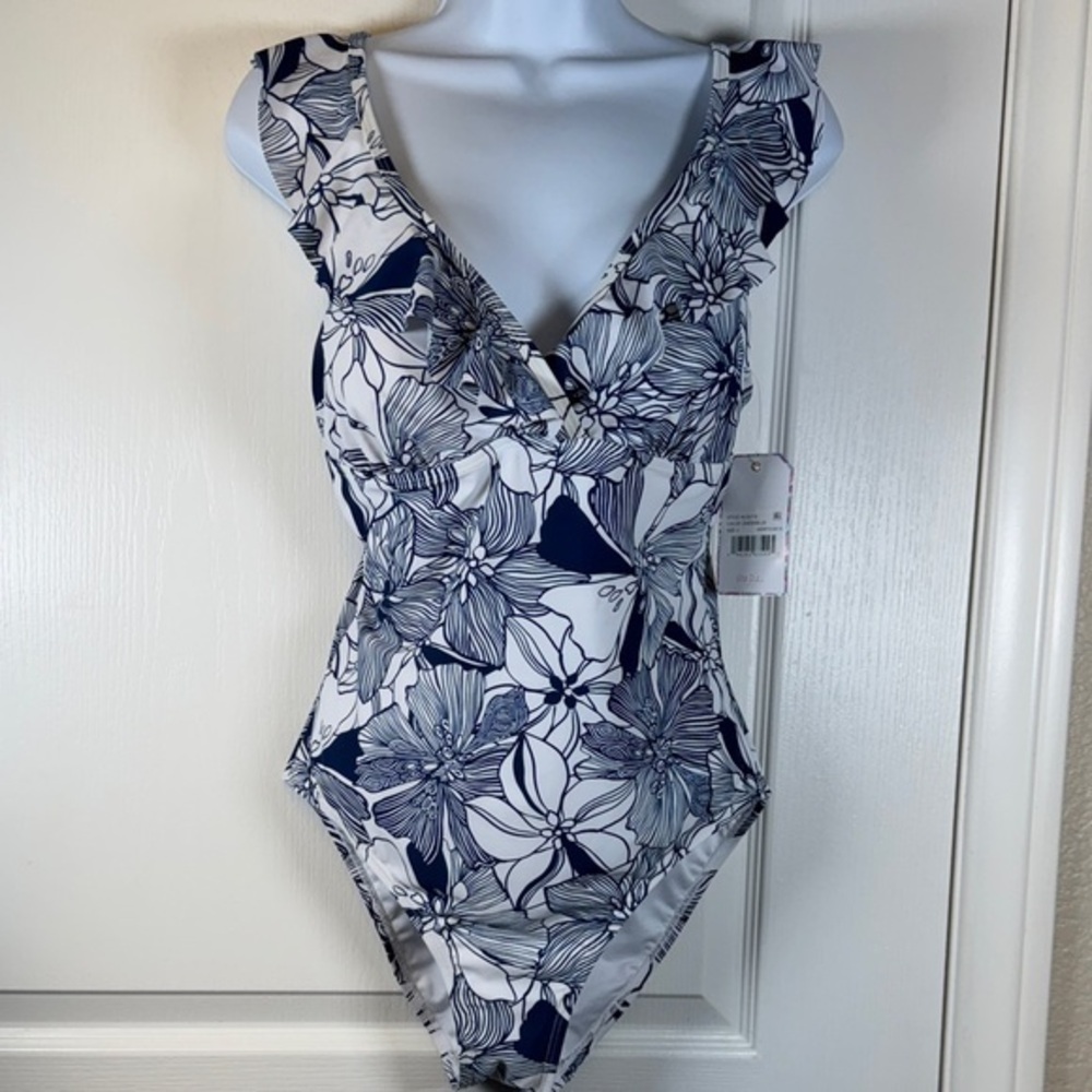 Stella Parker White Plunge Floral Ruffle Swimsuit Size Large NWT #5730
